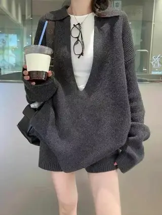 Women's V-neck Sweater Suit Loose Sweater Shorts - Dark Gray
