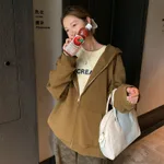 Solid Color Zipper Sweater Coat Women's Autumn Korean Style Hooded - Walnut Color