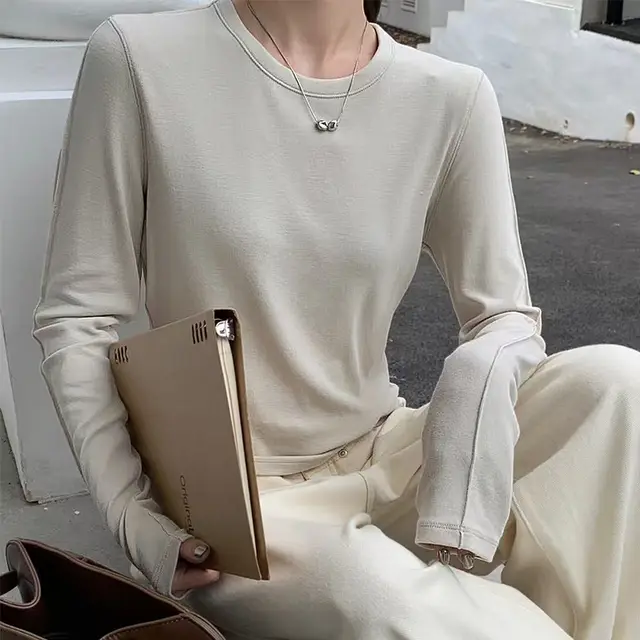 Autumn And Winter Dralon Thermal Round neck Design Bottoming Shirt For Women Milky White Apricot - Shop at LoveMi