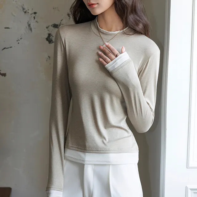 Lyocell Acetate Fake Two piece Round Neck Bottoming Shirt Linen Coffee - Shop at LoveMi