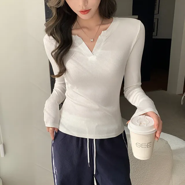 Women's V neck Bottoming Shirt Early Autumn Winter Thread Fitted White - Shop at LoveMi