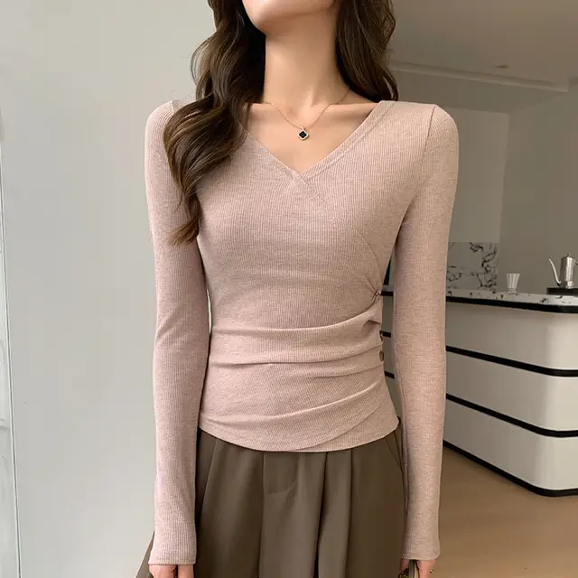 V neck Long sleeved T shirt Women's Autumn And Winter Thread Inner Button Khaki - Shop at LoveMi