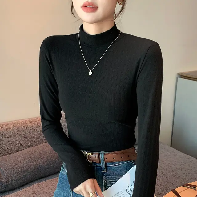 Double sided Dralon Half Turtleneck Bottoming Shirt Women's Long sleeved Warm Top Black - Shop at LoveMi