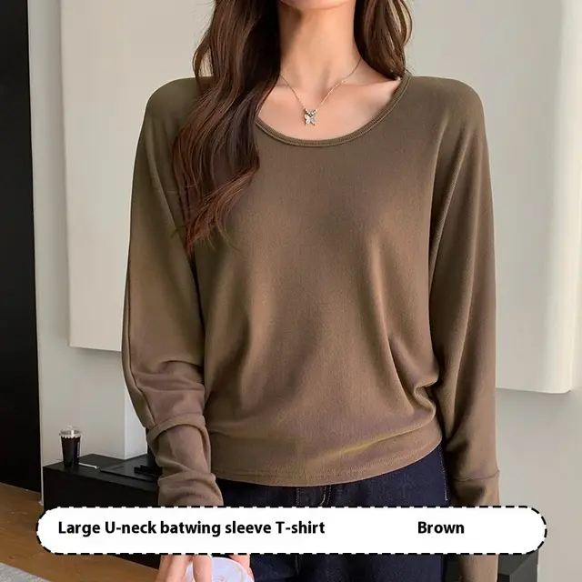 U collar Batwing Sleeve Elegant Top For Women Autumn And Winter Coffee Color - Shop at LoveMi