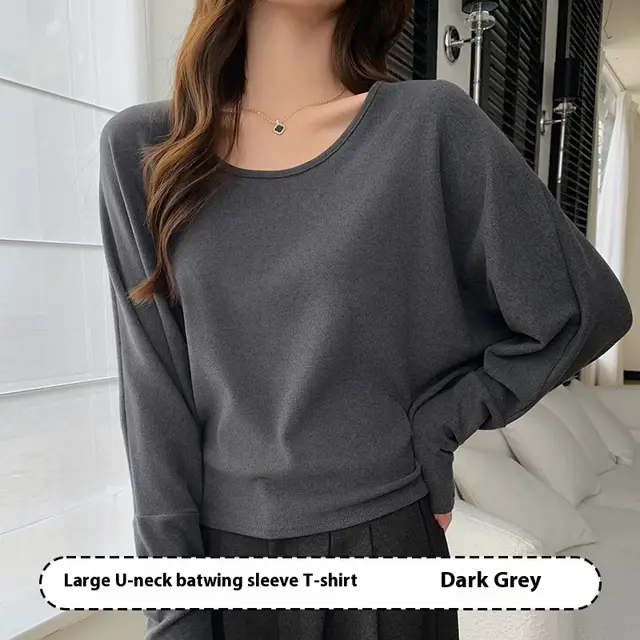 U collar Batwing Sleeve Elegant Top For Women Autumn And Winter Dark Gray - Shop at LoveMi