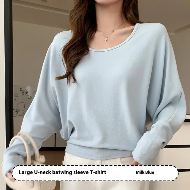 U collar Batwing Sleeve Elegant Top For Women Autumn And Winter Milk Blue - Shop at LoveMi