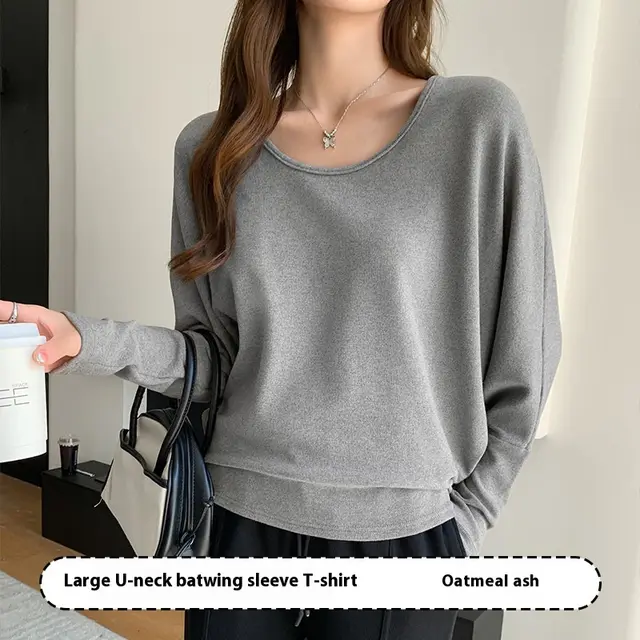 U collar Batwing Sleeve Elegant Top For Women Autumn And Winter Oat Gray - Shop at LoveMi