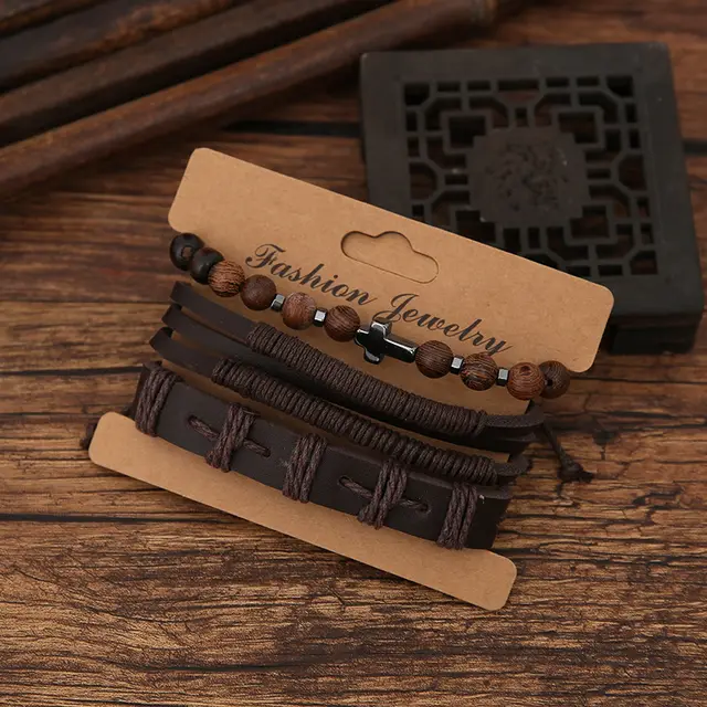 Foreign Trade Punk Retro Hand knitted Accessory Men's Coffee Color Alloy Cross Scripture Bracelet Brown - Shop at LoveMi