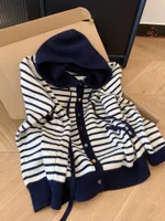 Hooded Color Buckle Knitted Cardigan Loose Western Style Striped Hooded Top - Navy Blue