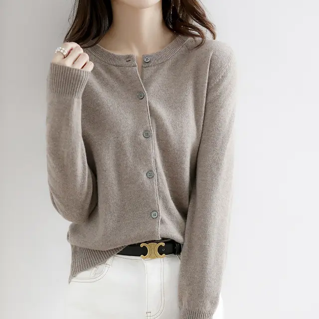 New Thin Round Neck Sweater Coat Short Outer Tops Deep Camel - Shop at LoveMi