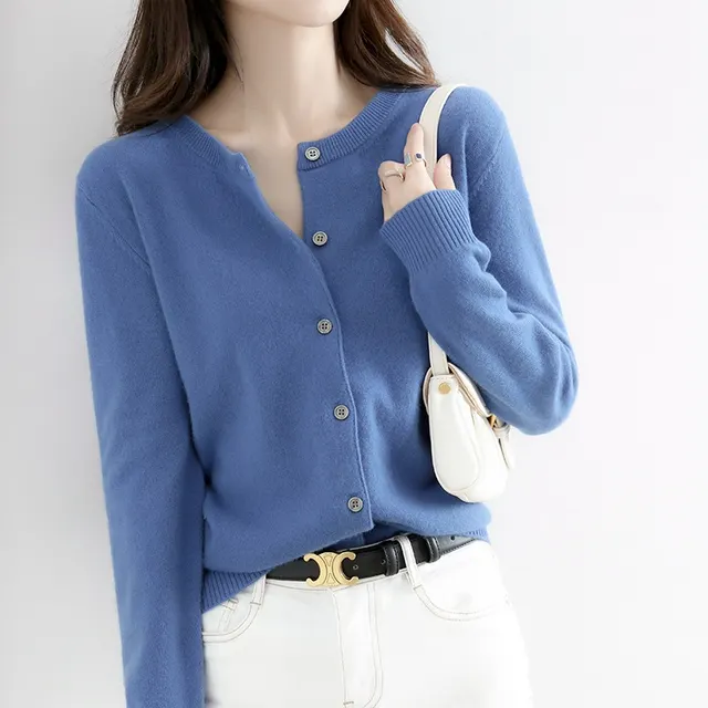 New Thin Round Neck Sweater Coat Short Outer Tops Denim Blue - Shop at LoveMi