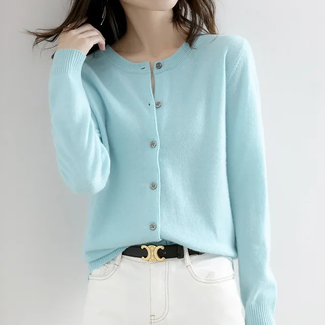 New Thin Round Neck Sweater Coat Short Outer Tops Sky Blue - Shop at LoveMi