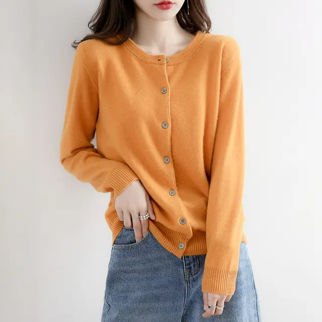New Thin Round Neck Sweater Coat Short Outer Tops Turmeric - Shop at LoveMi
