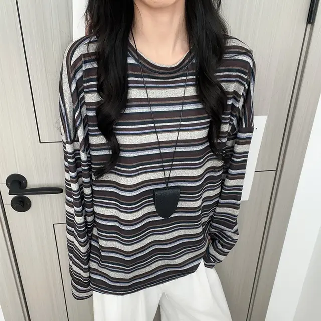 Striped Round Neck Bottoming Shirt Women's Loose T shirt Coffee Color - Shop at LoveMi