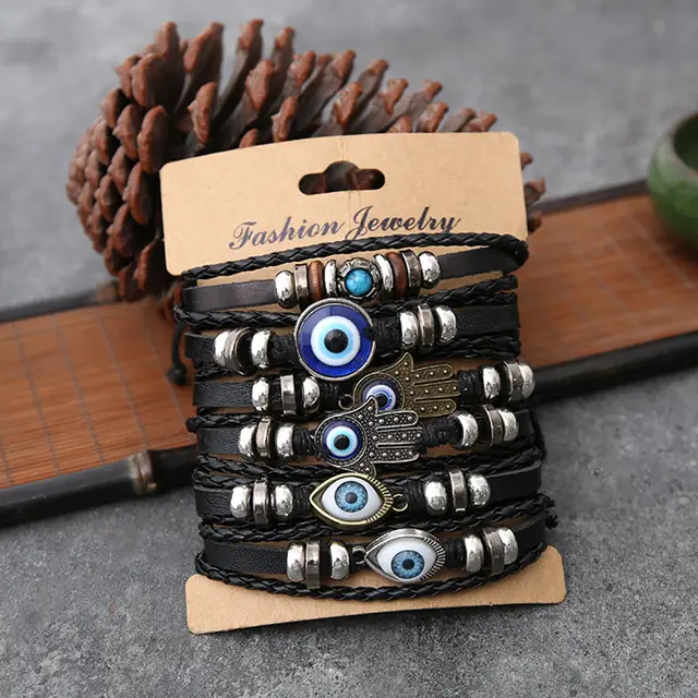 Personalized Bracelet Men's And Women's Suits Bracelet Alloy Woven Wax Rope Adjustable Leather Set Eyes 6Pcs - Shop at LoveMi