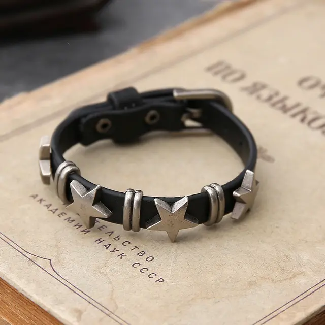Men's Ornament Personality Street Punk Five pointed Star Retro Cattle Leather Bracelet Black Five Stars - Shop at LoveMi