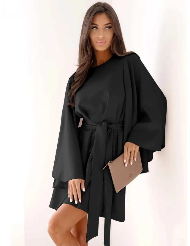 Autumn Fashion Solid Color Round neck Flared Sleeves Lace up Waist Dress Black - Shop at LoveMi