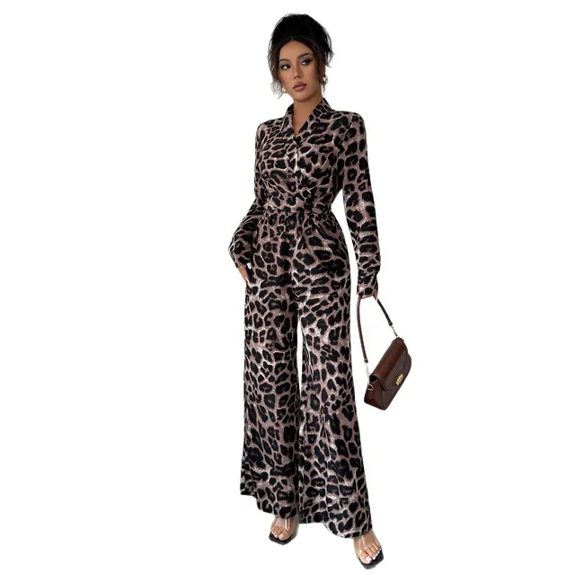 Women's Leopard Print Long Sleeve Wide leg Jumpsuit Coffee Color - Shop at LoveMi