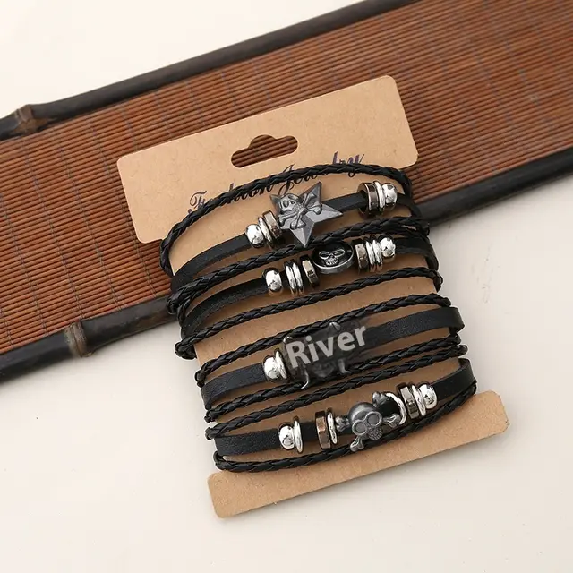Punk Leather Bracelet Men's Hand Decoration Alloy Bracelet Fashion Woven Skull Leather Four Pieces - Shop at LoveMi