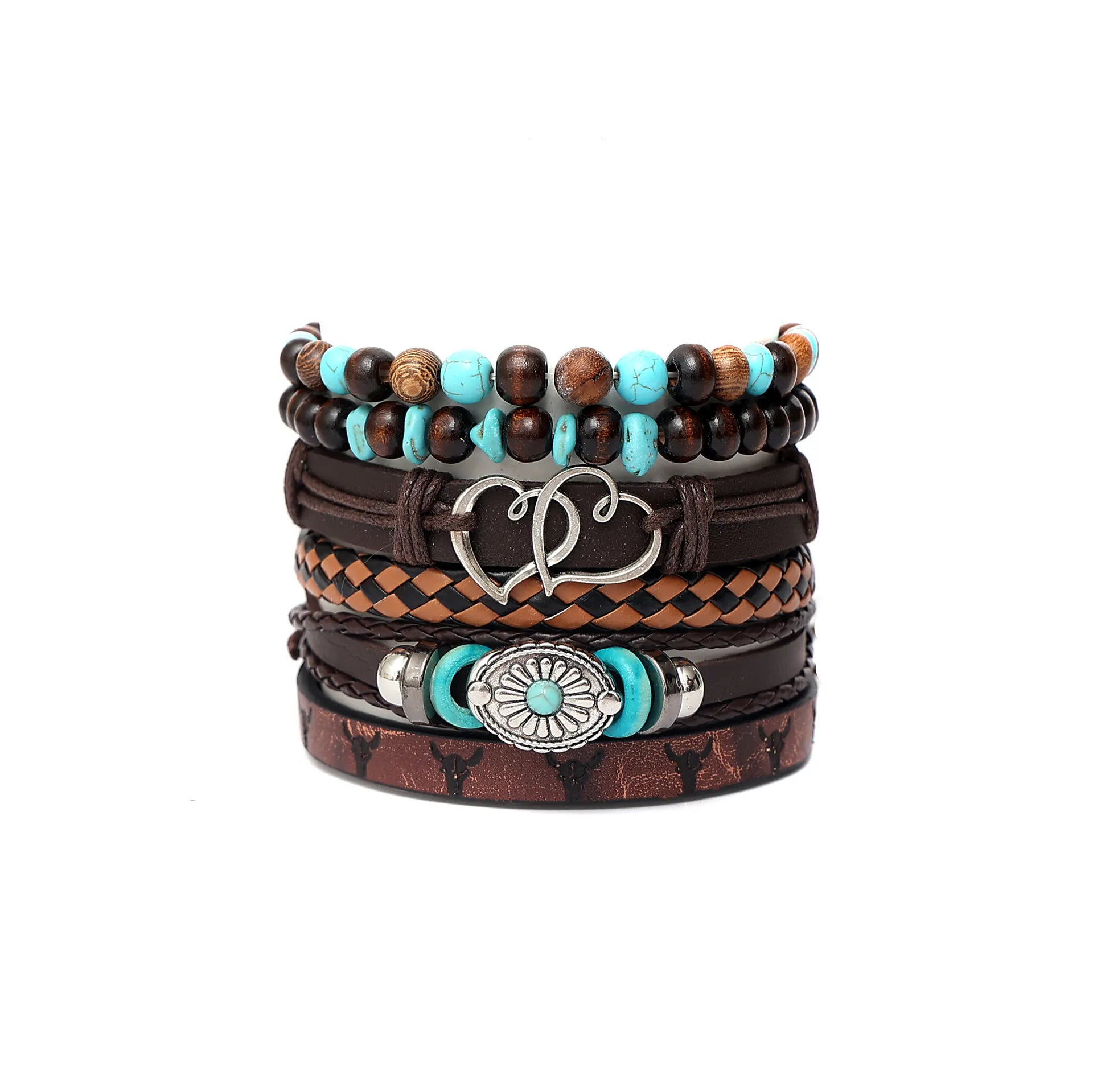 Multi-layer Peacock Feather Leather Woven Match Sets Multi-color Mixed Bracelet Diamond - Doppel Herz Suit