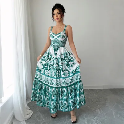 Green Printing Maxi Dress Women's Clothing Green - Shop at LoveMi