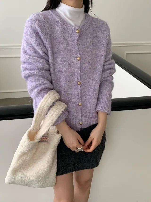 Metal Buckle Round Neck Knitted Cardigan Loose Casual Lavender Purple - Shop at LoveMi