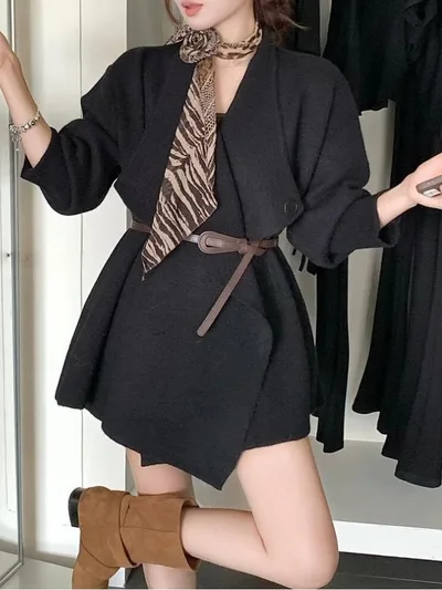 Irregular Lapel Mid length Knitted Cardigan Casual Laid back Style Black - Shop at LoveMi