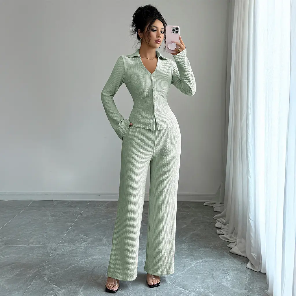 Button Shirt Wide-leg Pants Suit For Women - Light Green