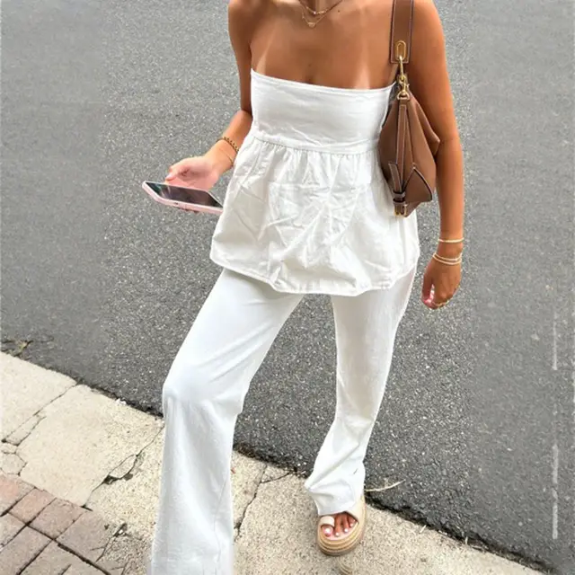 Women's Casual Tube Top Straight leg Trousers Suit Beige - Shop at LoveMi