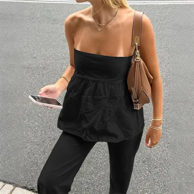 Women's Casual Tube Top Straight leg Trousers Suit Black - Shop at LoveMi