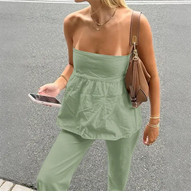 Women's Casual Tube Top Straight leg Trousers Suit Green - Shop at LoveMi