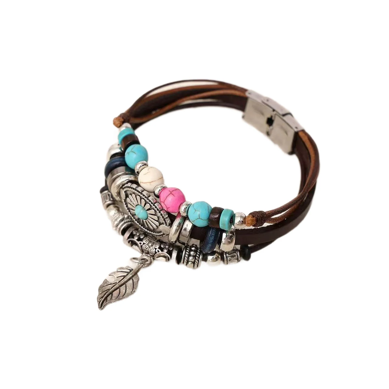 Bohemian Ethnic Style Retro Indian Style Leaves Turquoise Stainless Steel Leather Bracelet - Brown