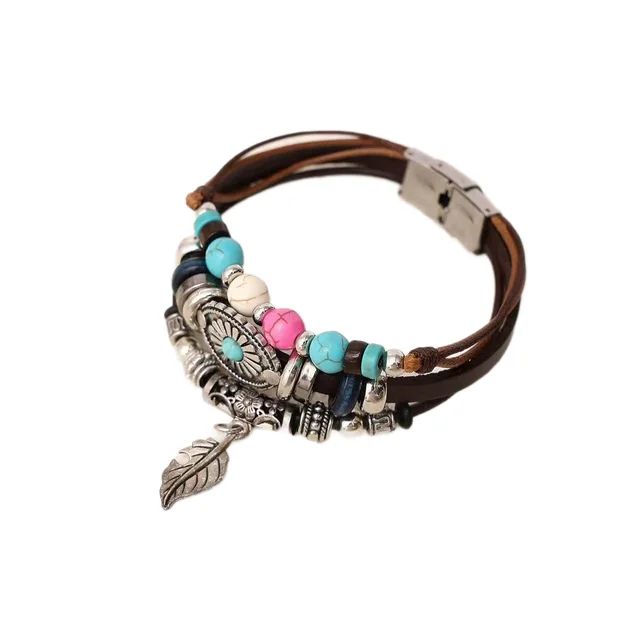 Bohemian Ethnic Style Retro Indian Style Leaves Turquoise Stainless Steel Leather Bracelet Brown - Shop at LoveMi