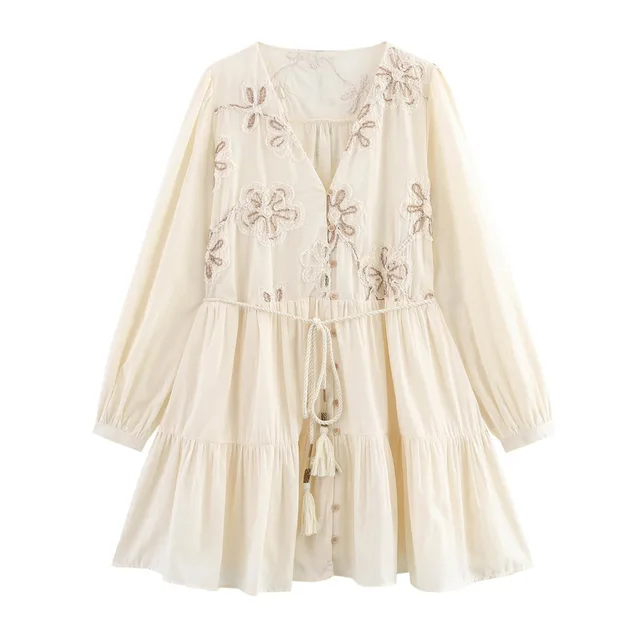 French Style Temperament Long Sleeve Dress Milky White - Shop at LoveMi