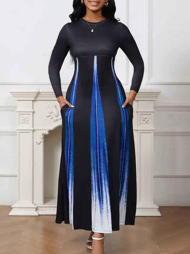 Elegant Socialite Printed Gradient Long Dress Blue - Shop at LoveMi