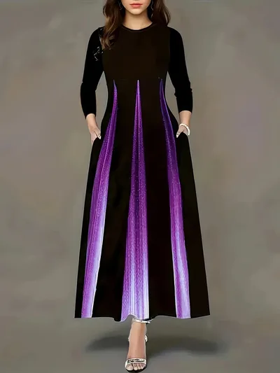 Elegant Socialite Printed Gradient Long Dress Purple - Shop at LoveMi