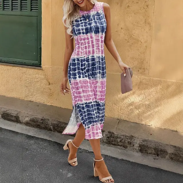 European And American Tie dye Printed Slit Hemline At Hem Sleeveless Dress Pink - Shop at LoveMi