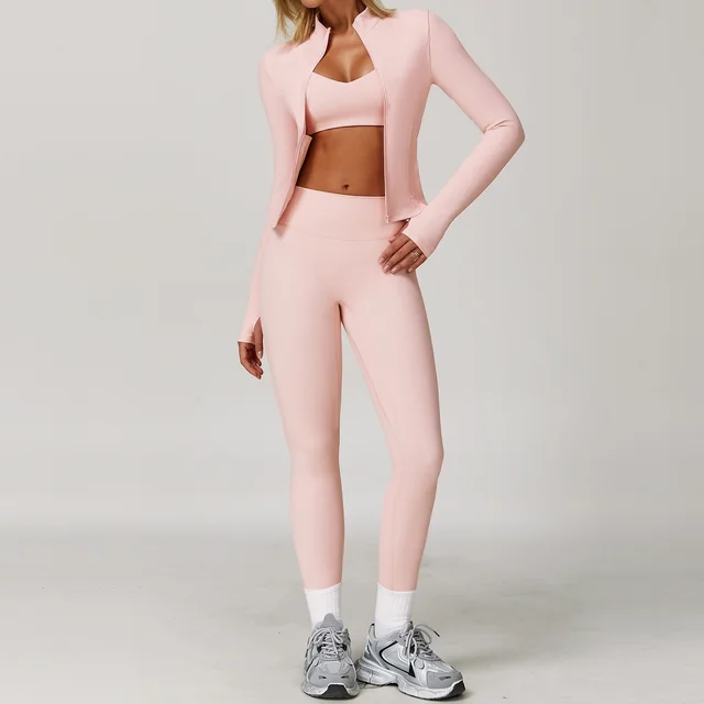 Tight Quick drying Fitness Yoga Outdoor Running Sports Three piece Suit Peach Pink - Shop at LoveMi