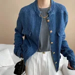 Texture Profile Classic Style Denim Jacket Coat - Blue