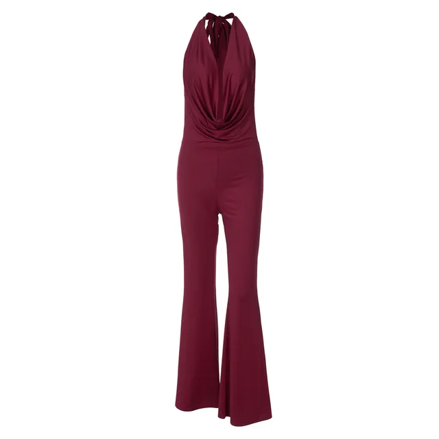 Collar Strap Halter Sexy Backless Slim Fit Jumpsuit Wine Red - Shop at LoveMi