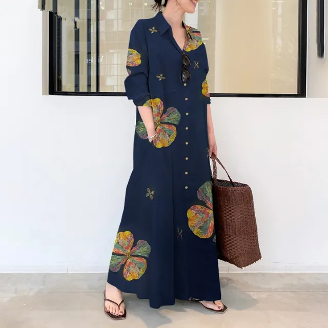 Women's Cotton And Linen Fashion Long Dress Dark Blue - Shop at LoveMi