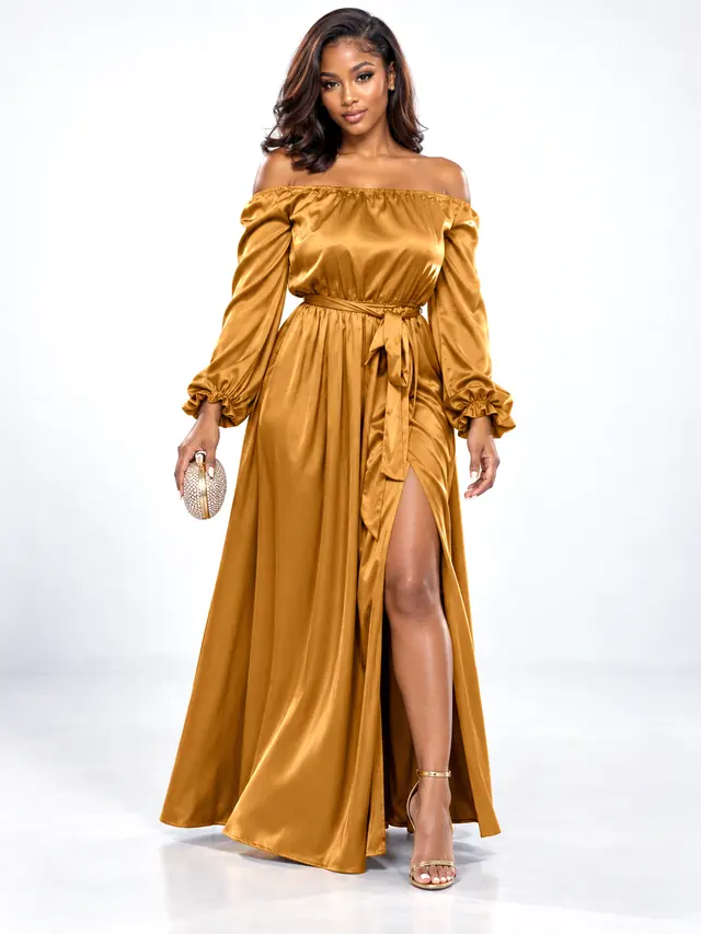 Off shoulder Lace up Lantern Sleeve Dress Gold - Shop at LoveMi