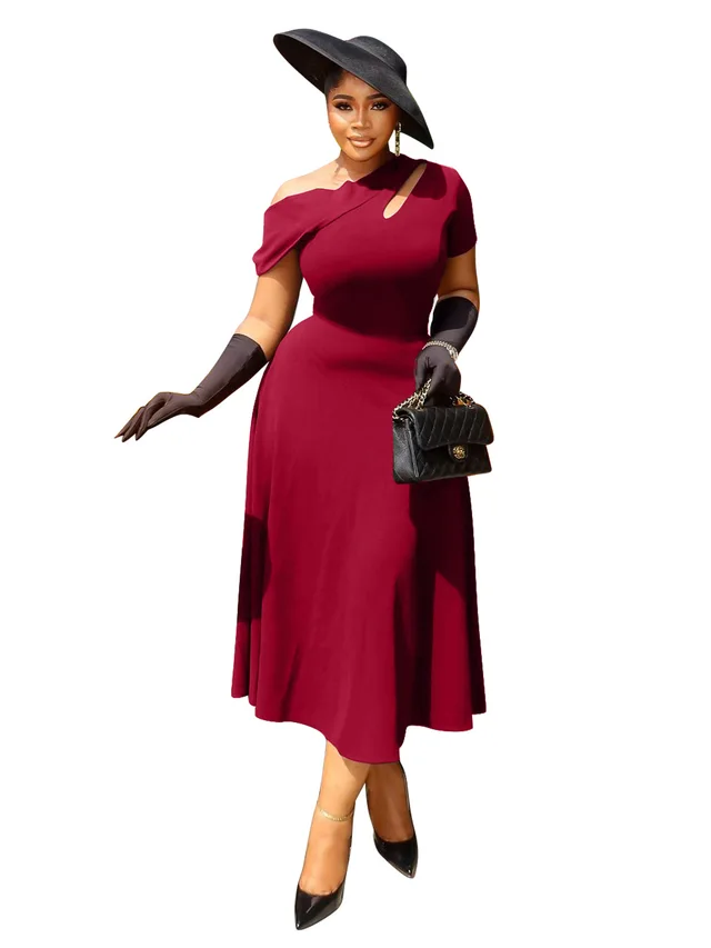 Women's Diagonal Collar Hollow Solid Color Waist Tight Dress Dark Red - Shop at LoveMi