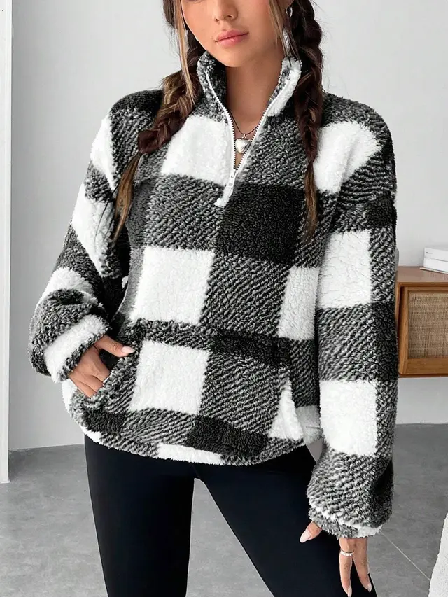 Women's Short Plaid Half open Collar Plush Sweater Black - Shop at LoveMi
