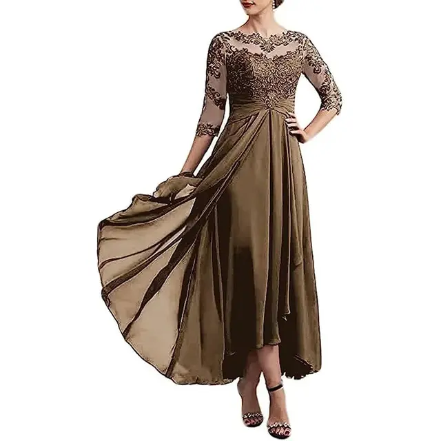 Lace Applique Chiffon Dress Mid sleeve Mom Dress Image Color 2 - Shop at LoveMi