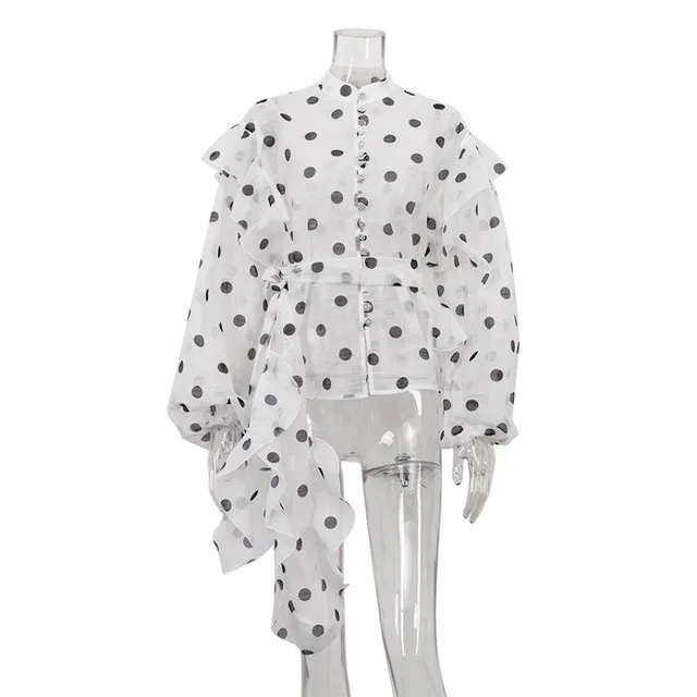 Elegant Ruffled Lace up Stand Collar Polka Dot Shirt White - Shop at LoveMi