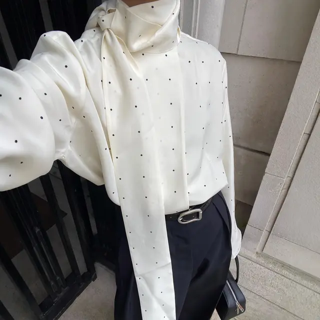 Ribbon Polka dot Loose fitting Commuter Long Sleeve Top White Polka Dot Spot - Shop at LoveMi