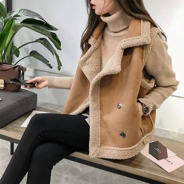 Fashion Casual Women Suede Vest Cardigan Khaki - Shop at LoveMi