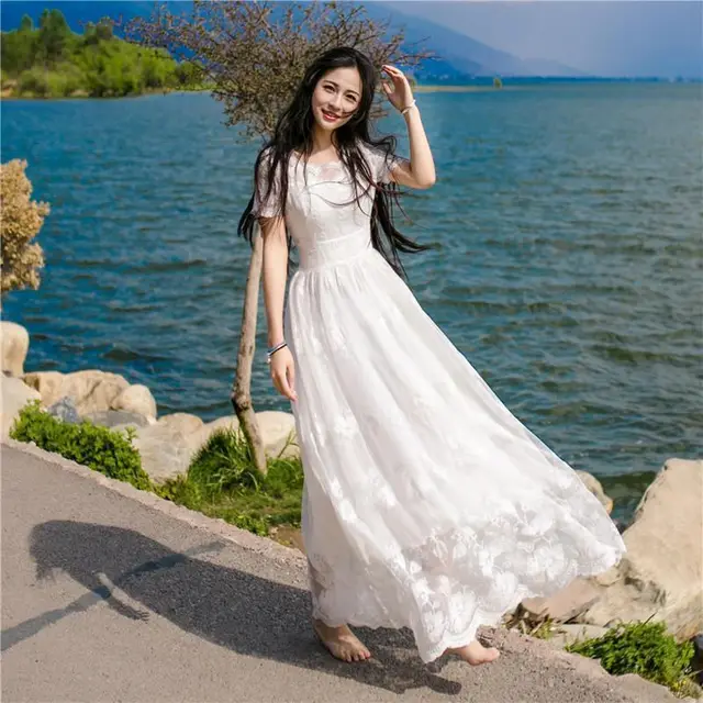 New Lace Dress Women's Summer Large Swing Fairy Beach White - Shop at LoveMi