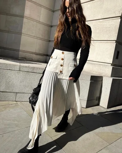 Irregular Chiffon Stitching Pleated Multi button Pocket Skirt Beige - Shop at LoveMi
